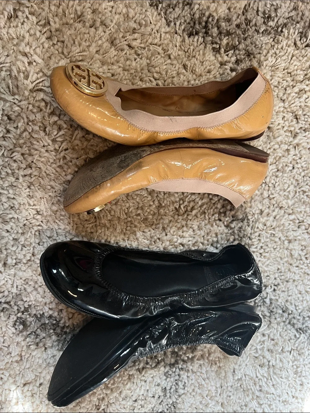 TORY BURCH Patent Leather Ballet Flats in Tan and Black - 2 Pairs!